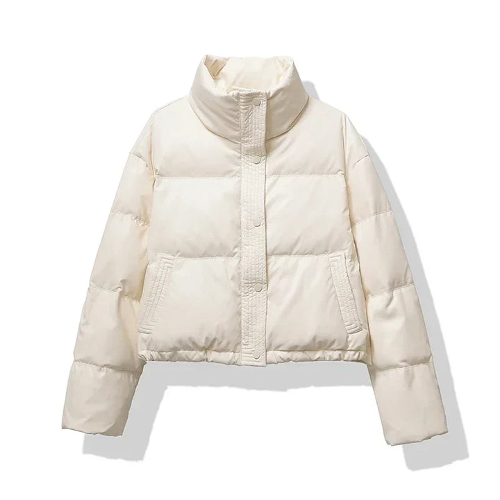 Women's Cropped Puffer Jacket with Stand Collar, offering chic style and warmth for winter fashion.