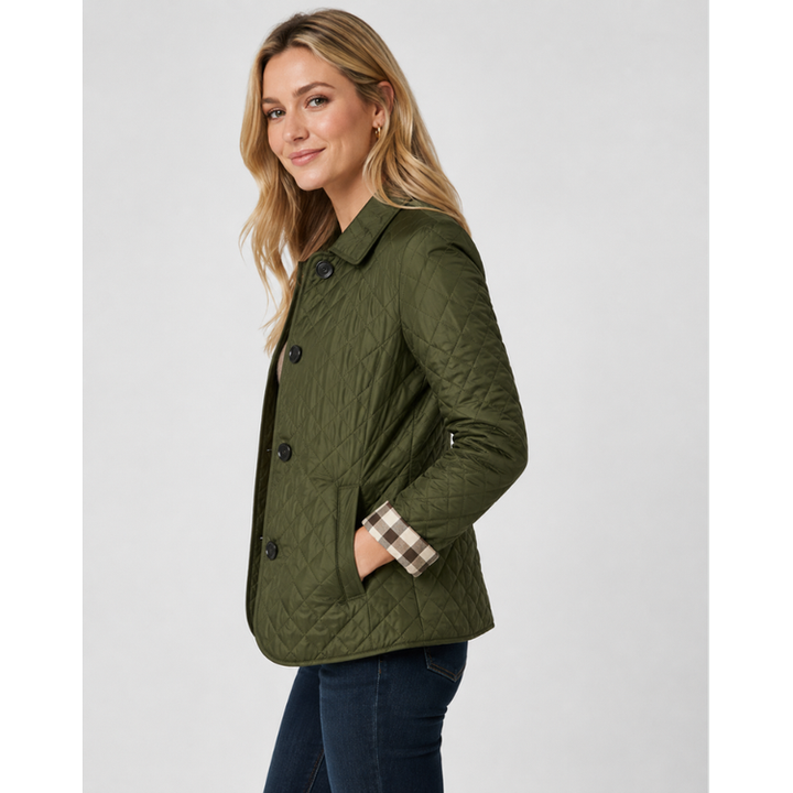 Trendy women's quilted jacket, diamond quilted finish, and fashionable plaid lining for a chic look.