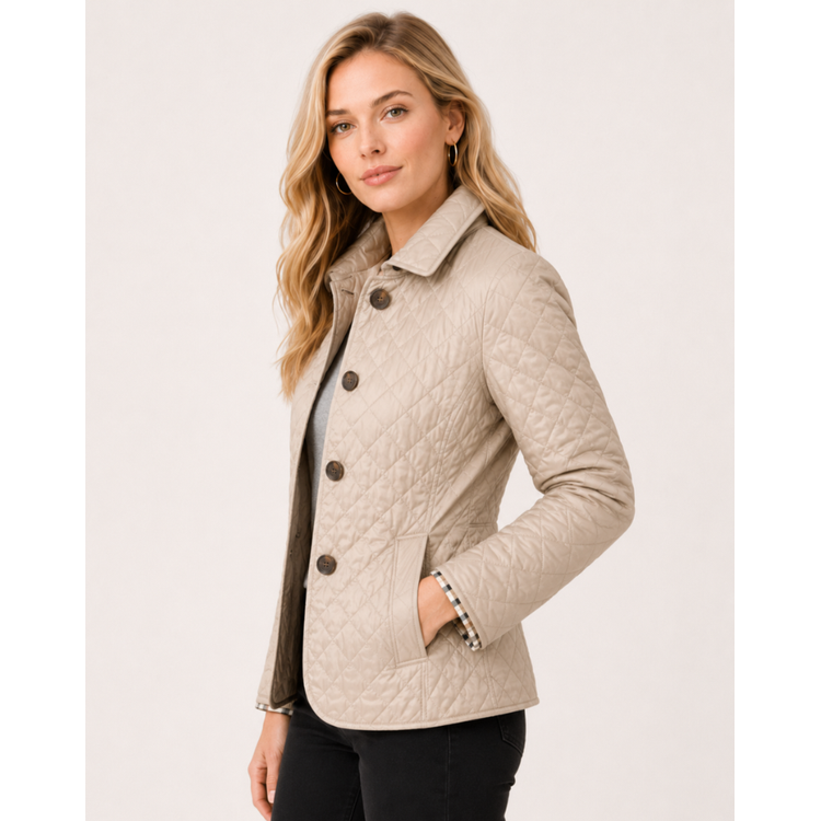Lightweight women's quilted jacket, diamond pattern, and chic plaid lining. A versatile piece for any outfit.