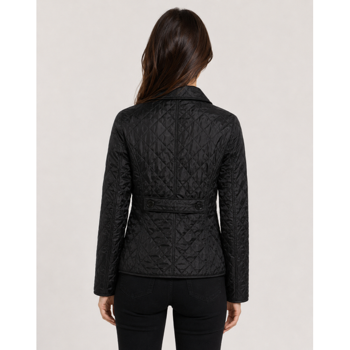 Elegant women's quilted jacket with classic diamond stitch & soft plaid lining. Ideal for spring and fall fashion.