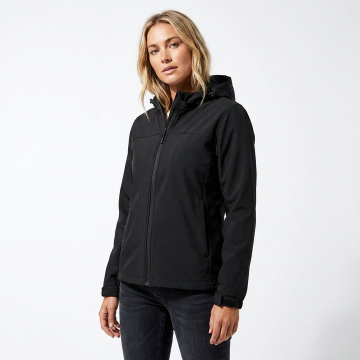 Women's stylish hooded rain jacket with drawstring hem. Waterproof, versatile outerwear for all seasons.