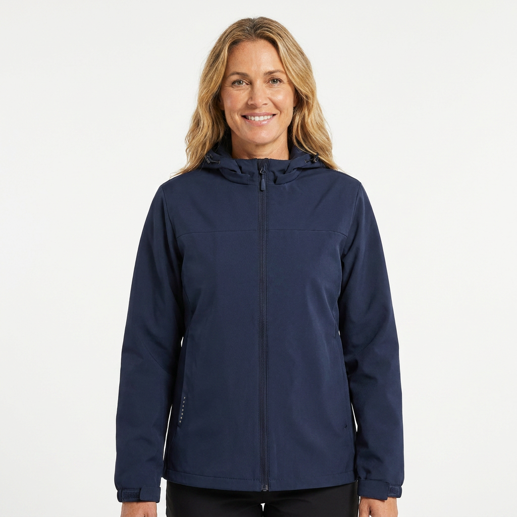 Casual women's zip-up rain jacket. Hooded, waterproof outerwear with an adjustable drawstring hem.