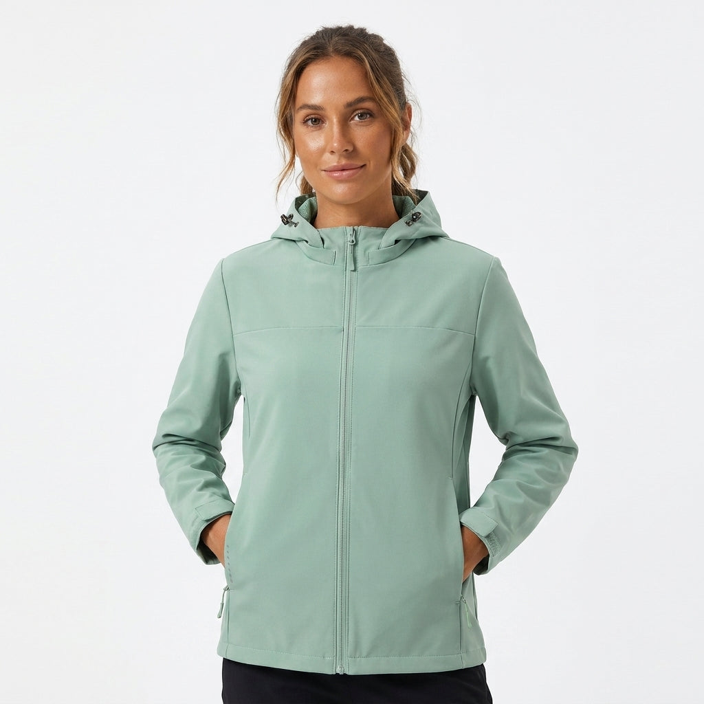 Versatile women's waterproof hooded rain jacket. Perfect casual outerwear for wet weather, all season.