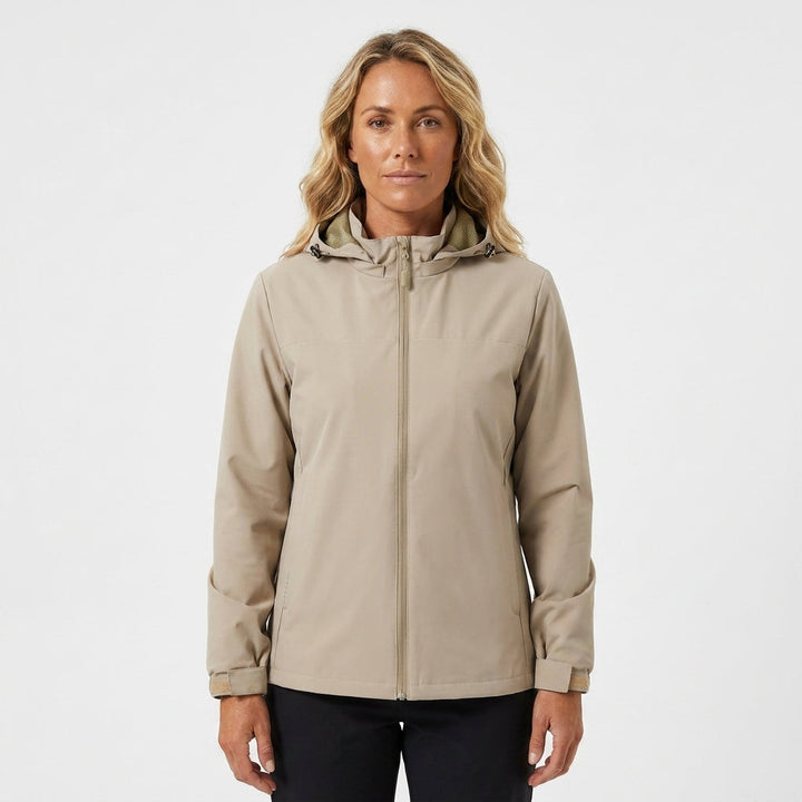 Comfortable women's hooded rain jacket with an adjustable drawstring hem. Stylish, waterproof casual outerwear.