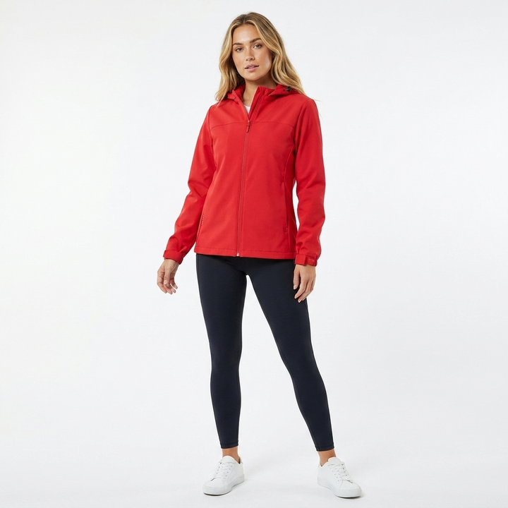 Women's hooded rain jacket. Waterproof, versatile, and stylish outerwear with a practical drawstring hem.