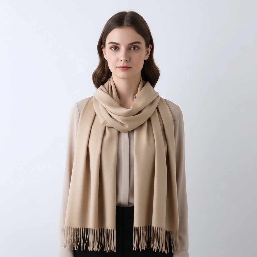 Fashionable women's solid winter wrap scarf with decorative tassels. Essential cold weather accessory for her.
