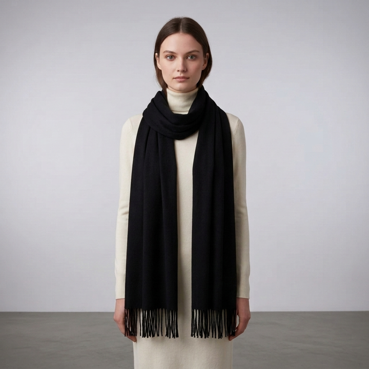 Soft women's solid winter scarf adorned with stylish tassels, offering warmth and a chic look.