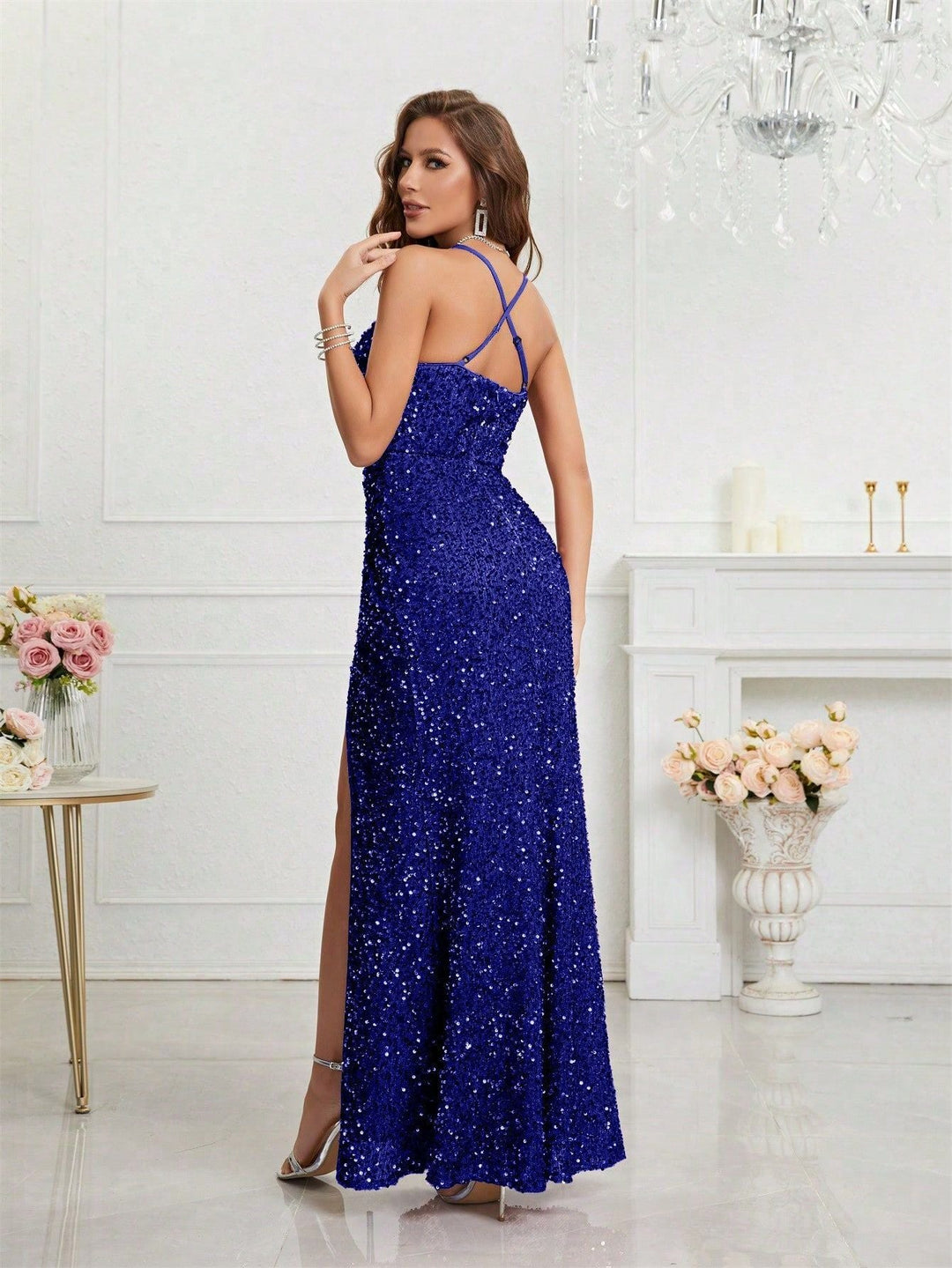 Shimmering sequin formal maxi dress for women, sleeveless, with a captivating plunge V-neck & high slit.