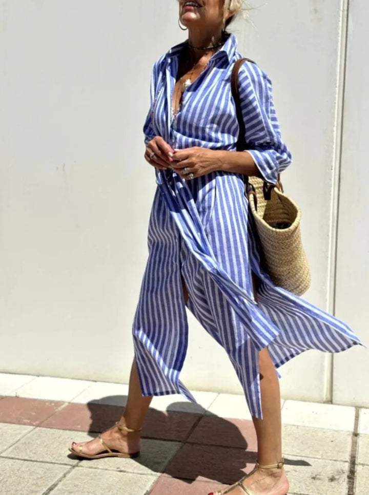 Effortless women's long striped shirt dress, ideal for everyday wear, featuring a chic button-front.