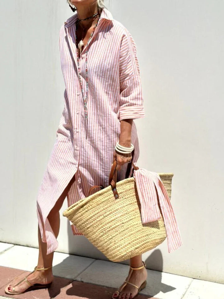 Versatile women's striped button-front maxi shirt dress, great for beach vacations or everyday summer fashion.