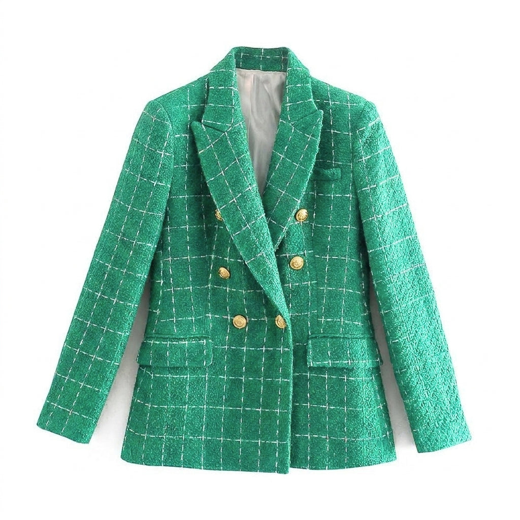 Women's tailored blazer with peak lapel and double-breasted buttons, perfect for professional workwear and office fashion.