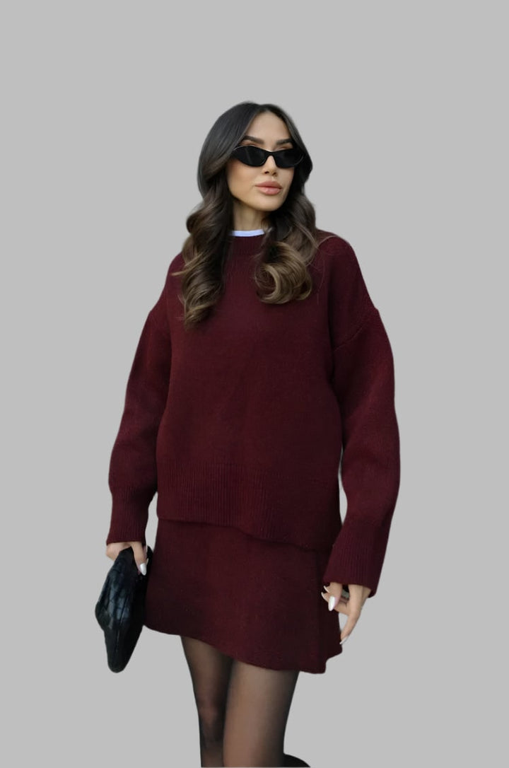 Women's oversized knit sweater & matching mini skirt set. Cozy two-piece loungewear.