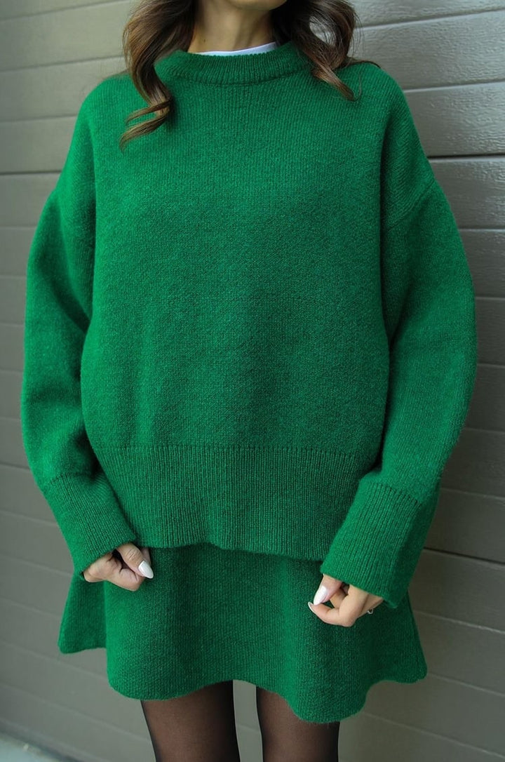 Everyday women's oversized sweater and mini skirt set. Casual and cozy two-piece outfit.