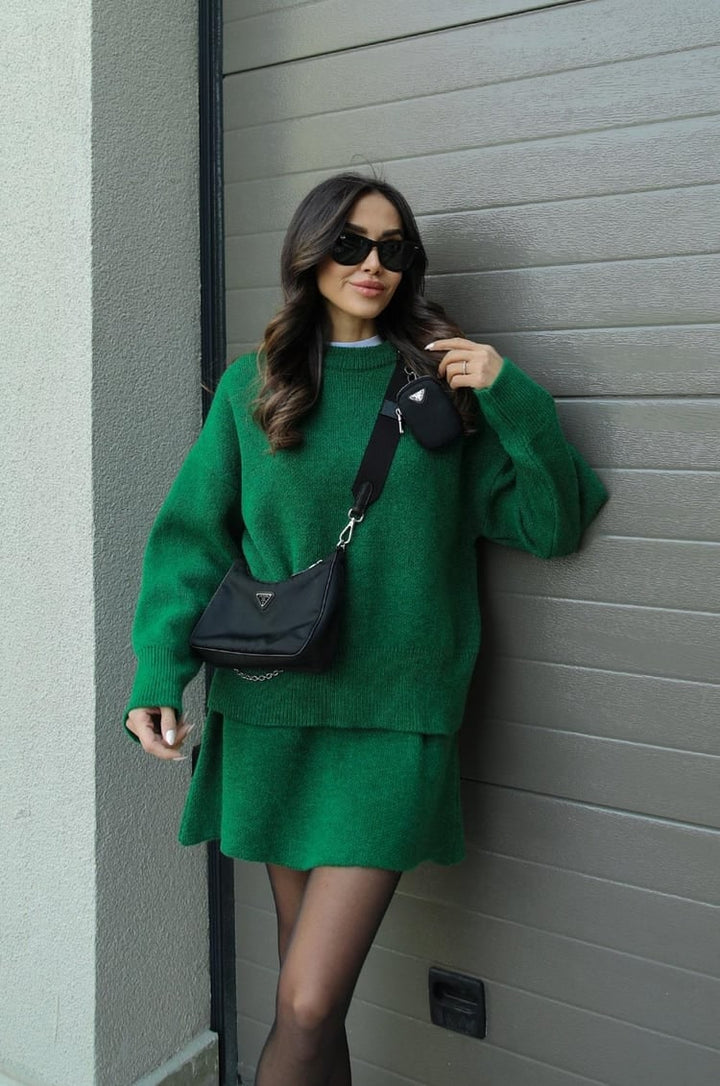 Relaxed women's oversized sweater & mini skirt set. Cozy two-piece loungewear for her.