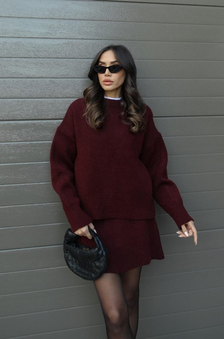 Cozy two-piece women's sweater and mini skirt set, perfect for winter casual wear.