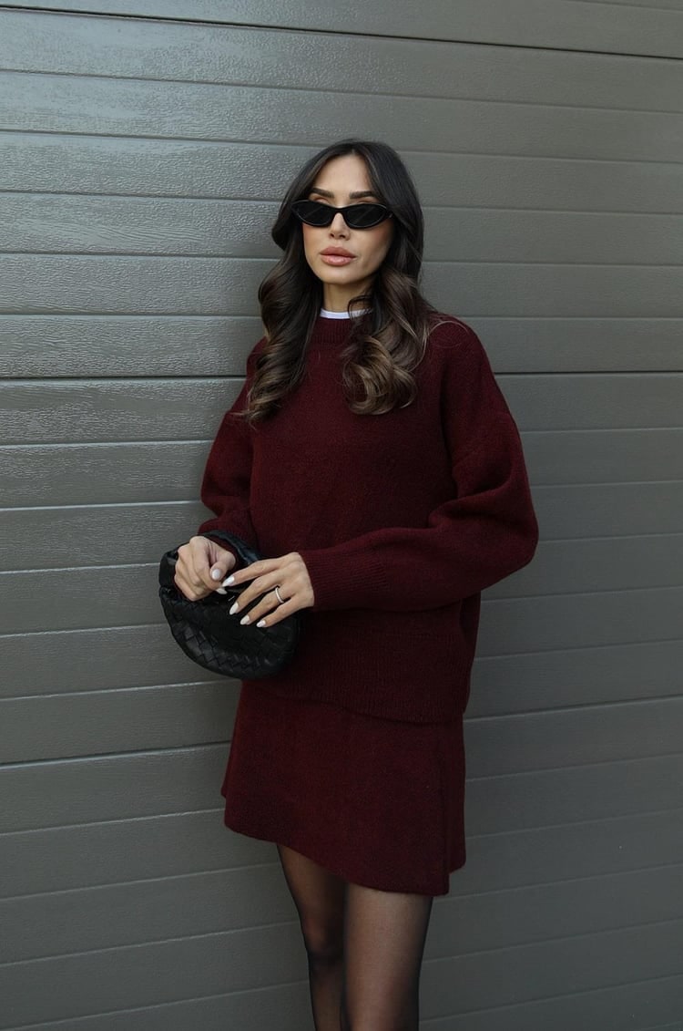 Soft oversized knit sweater and mini skirt outfit for women. Comfortable loungewear set.