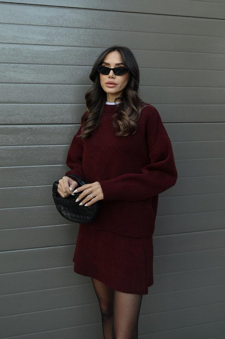 Soft oversized knit sweater and mini skirt outfit for women. Comfortable loungewear set.