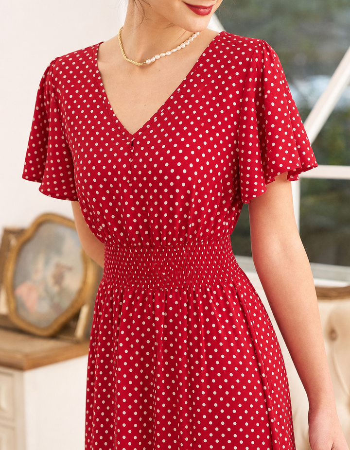 Stylish women's polka dot wrap midi dress, perfect as a wedding guest or elegant party dress for summer.