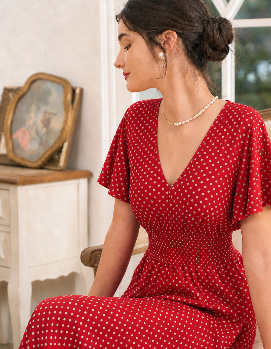 Women's V-neck short sleeve wrap midi dress with chic polka dots. Elegant and comfortable for wedding guests.