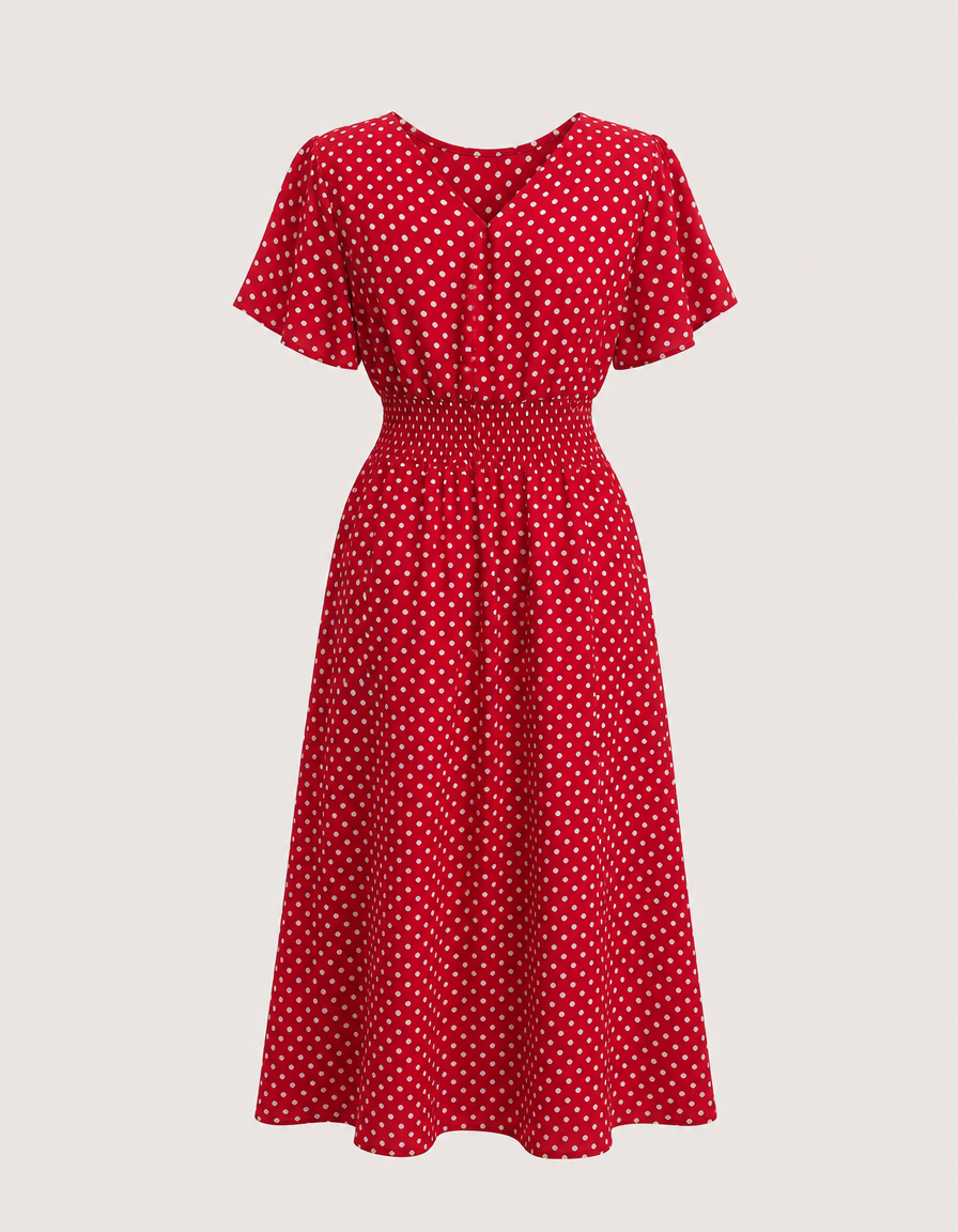 Comfortable women's polka dot midi wrap dress, perfect for wedding guests, summer parties, and elegant occasions.
