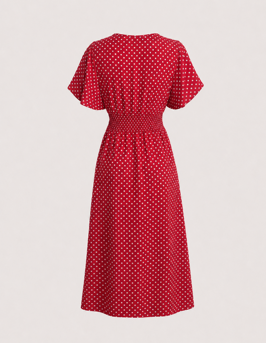 Women's elegant polka dot wrap midi dress, a stylish V-neck short sleeve outfit for wedding guests & parties.