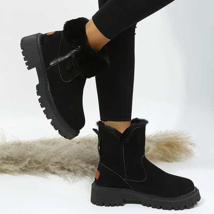 Comfortable women's warm winter ankle boots with a rugged lug sole. Essential cozy footwear for chilly fall days.