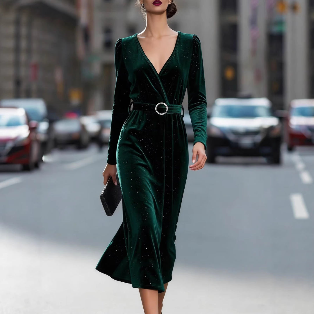 Women's long sleeve V-neck midi dress in dark green, an elegant belted winter dress for festive events & evening wear.