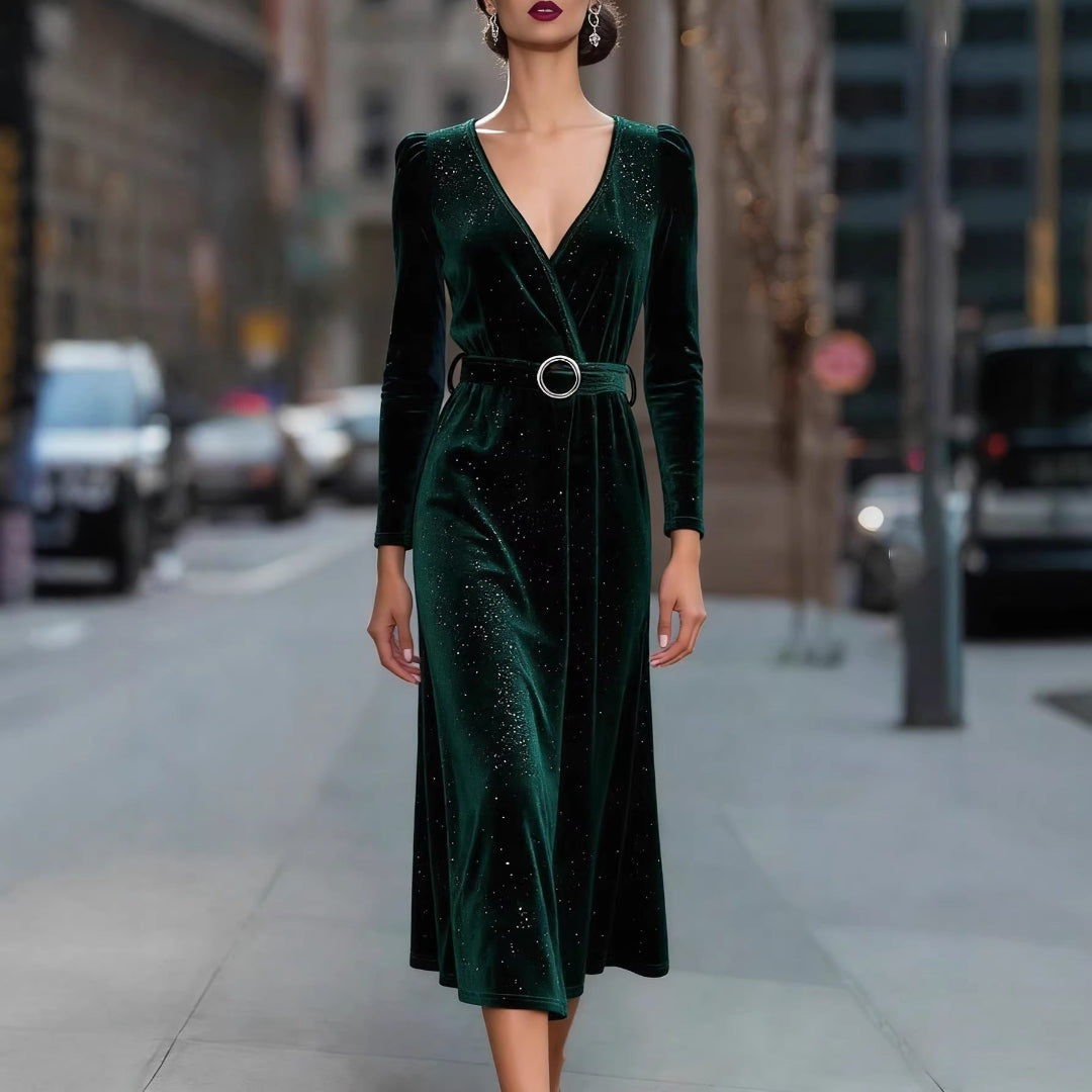 Elegant dark green women's winter V-neck midi dress with belt, perfect for festive evening occasions & winter fashion.