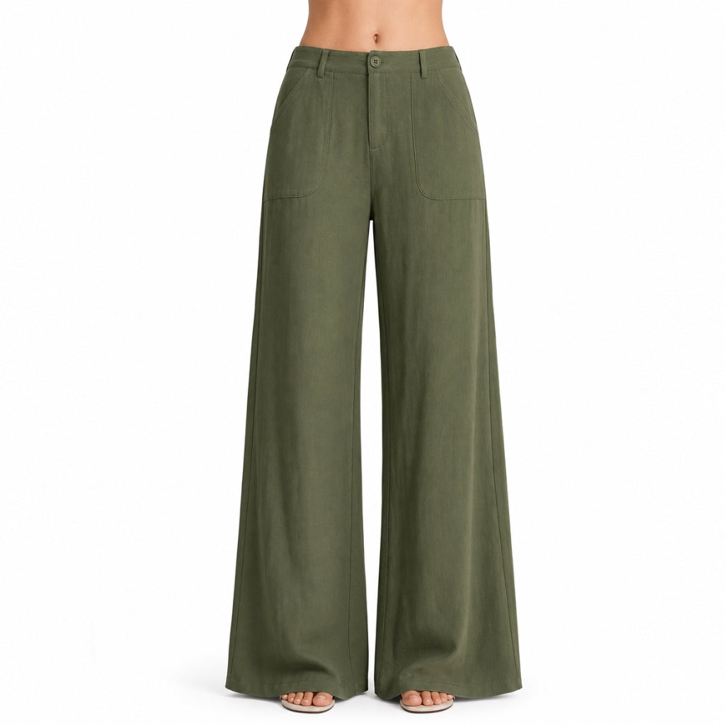 Stylish women's high-waist wide-leg pants with side pockets, ideal for professional work or elegant casual chic outfits.
