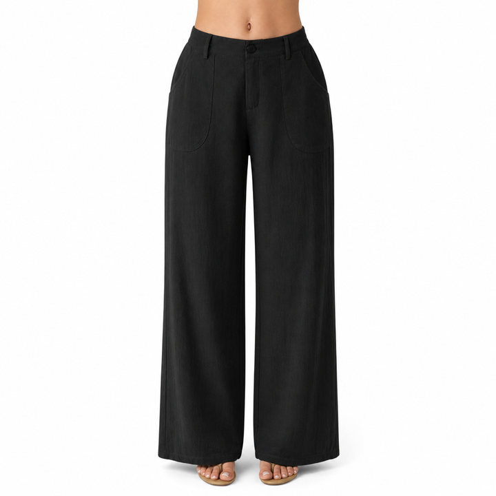Professional women's wide-leg work pants featuring a flattering high-waist and convenient side pockets for office elegance.
