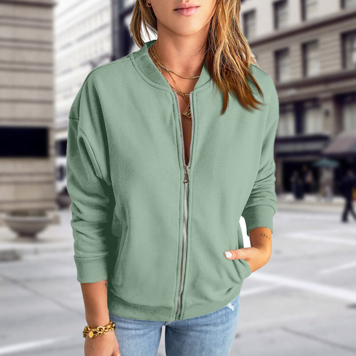 Stylish women's bomber jacket, perfect zip-up casual outerwear for fall & spring everyday fashion.