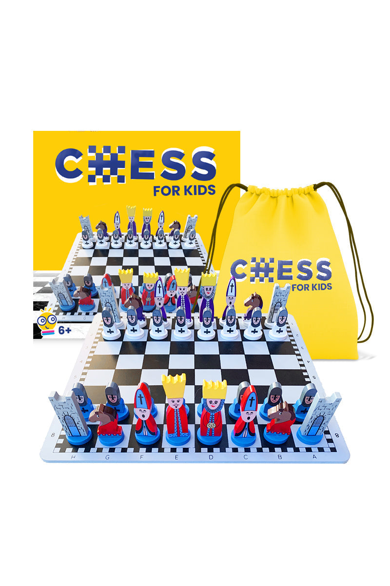 Smiling child strategizing with a wooden chess set, enhancing critical thinking & logic skills through play.