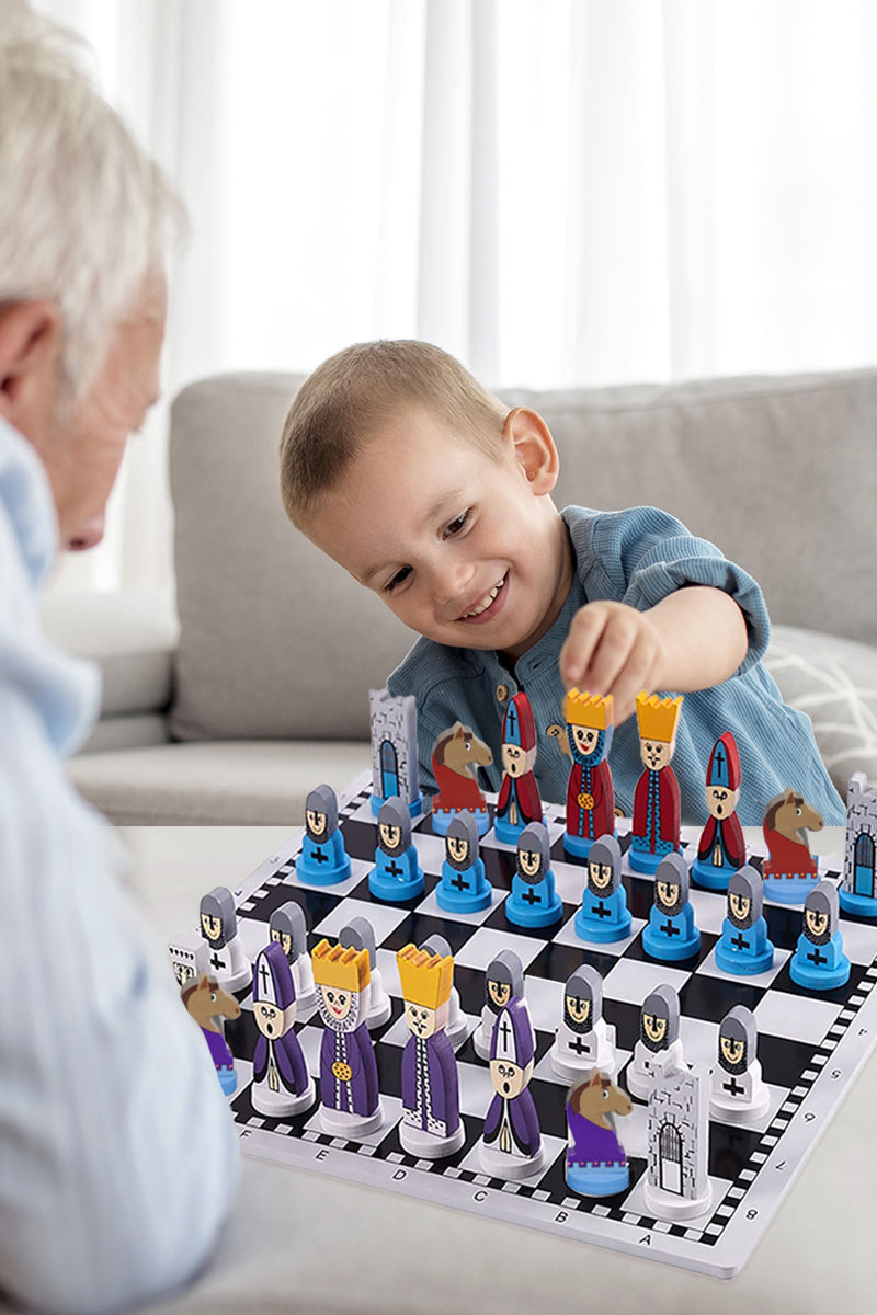 Wooden chess board game designed for kids, fostering critical thinking, strategy, and educational fun.
