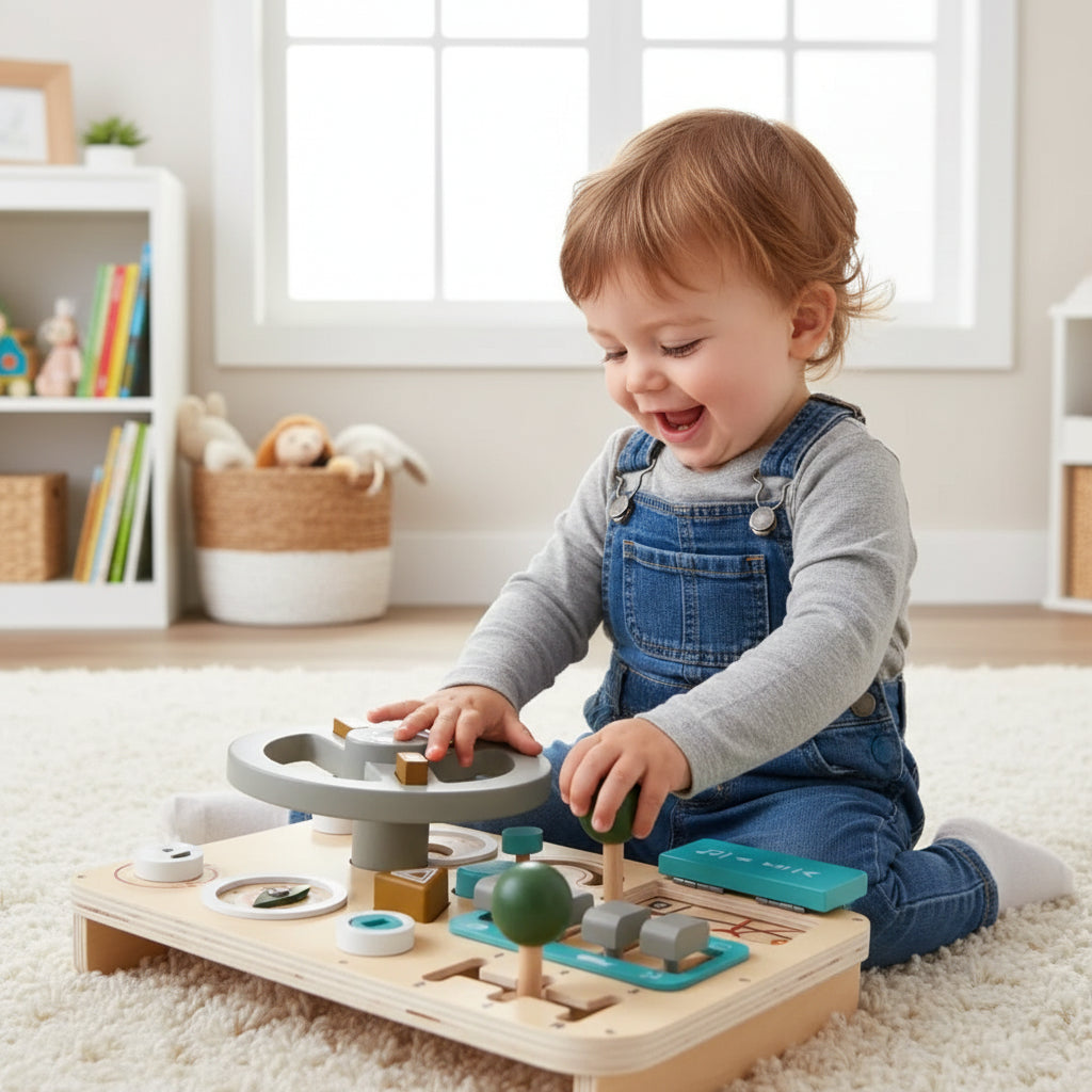 Preschool wooden steering wheel toy for kids' imaginative play. Develops fine motor skills, coordination, & offers screen-free fun.