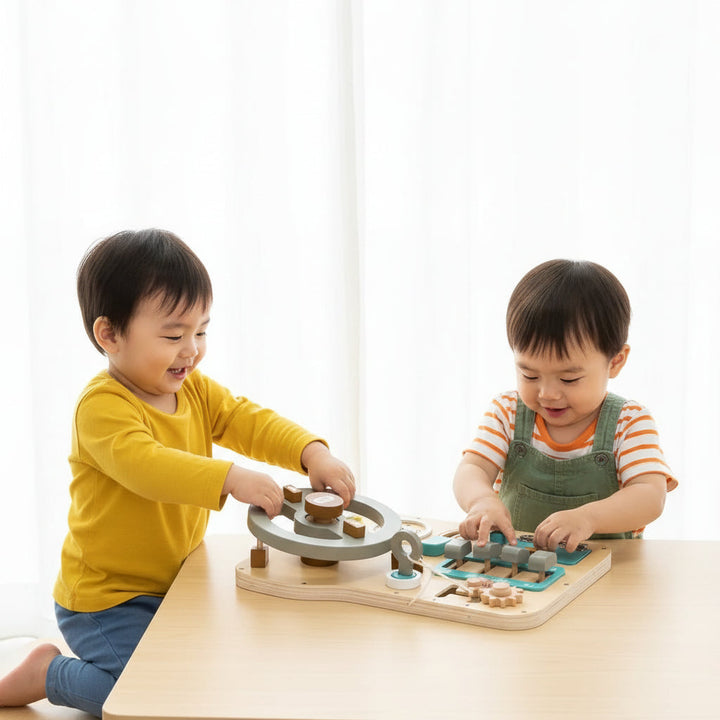 Educational wooden steering wheel toy for toddlers. Promotes creative pretend play, motor skills, and hand-eye coordination. Kids gift.