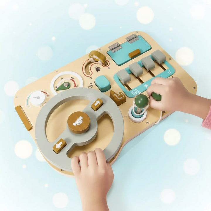 Child's hands on a natural wooden steering wheel toy, fostering imaginative and pretend play for toddlers & preschoolers.