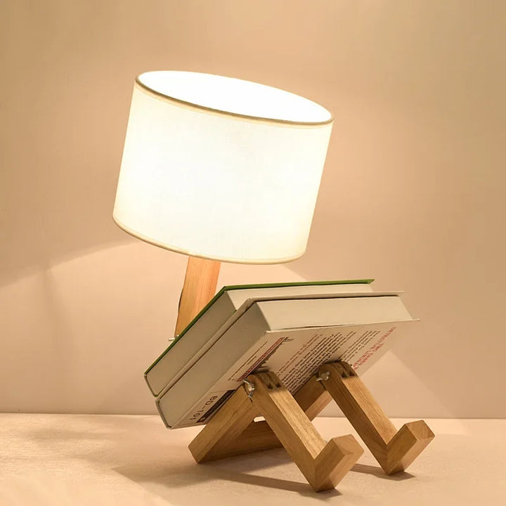 RutanFlex wooden table lamp with fabric shade & book holder, a modern, adjustable lamp for home and office lighting.