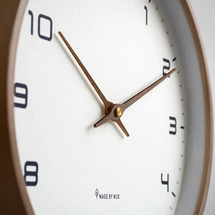 Silent wooden wall clock, minimalist NordicTimber design, enhances modern home and office decor.