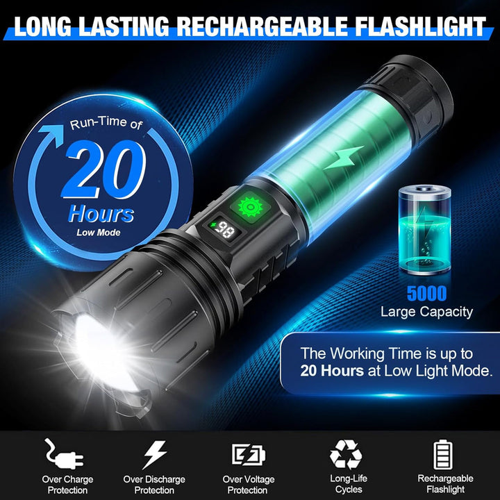 Ultra-bright 100,000 lumen rechargeable LED flashlight for outdoor adventures, camping & emergency use.