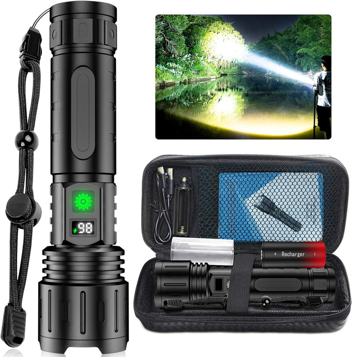 High power tactical LED flashlight, durable & rechargeable outdoor gear for camping & emergency light.