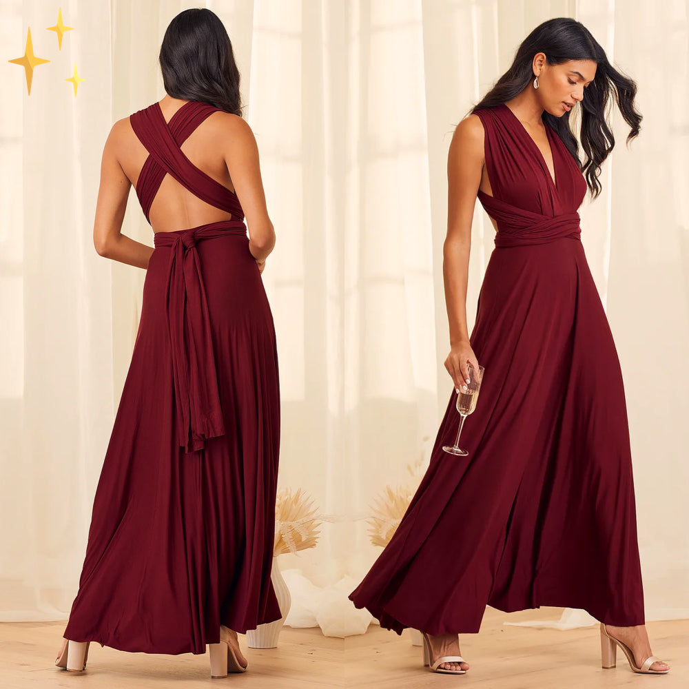 Elegant multiway wrap dress for wedding guests, flattering fit, perfect for formal events & parties.