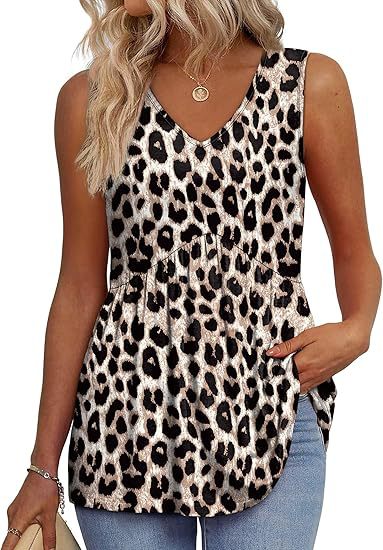 Women's sleeveless V-neck peplum tank, a flattering & versatile top for casual everyday summer fashion.