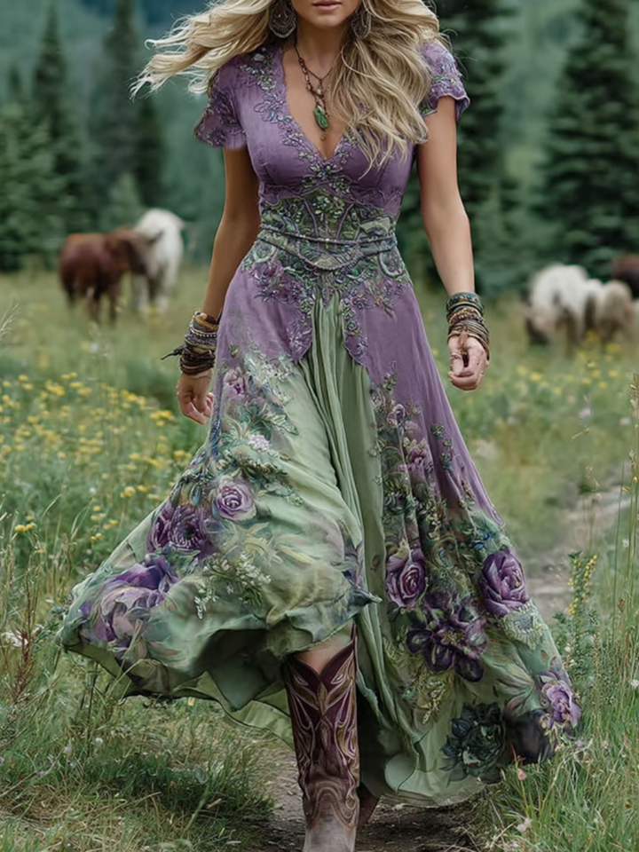 Boho floral print V-neck maxi dress for women, ideal for casual summer or elegant occasions.