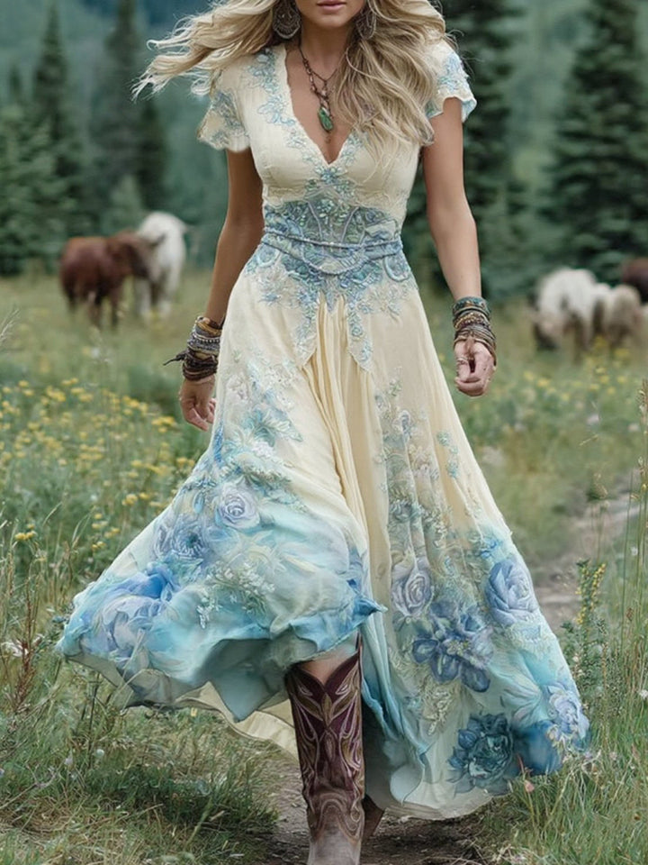 Stylish floral print maxi dress for women, featuring an elegant V-neck and short sleeves, perfect for summer.