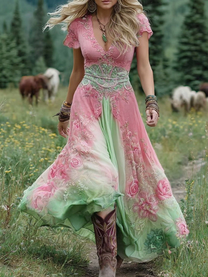 Lightweight women's floral maxi dress with elegant V-neck and short sleeves, a comfortable flowing summer style.