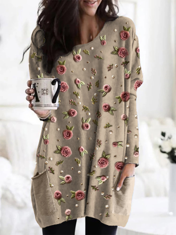 Women's floral long sleeve tunic top with pockets, ideal for comfortable casual wear and everyday fashion.