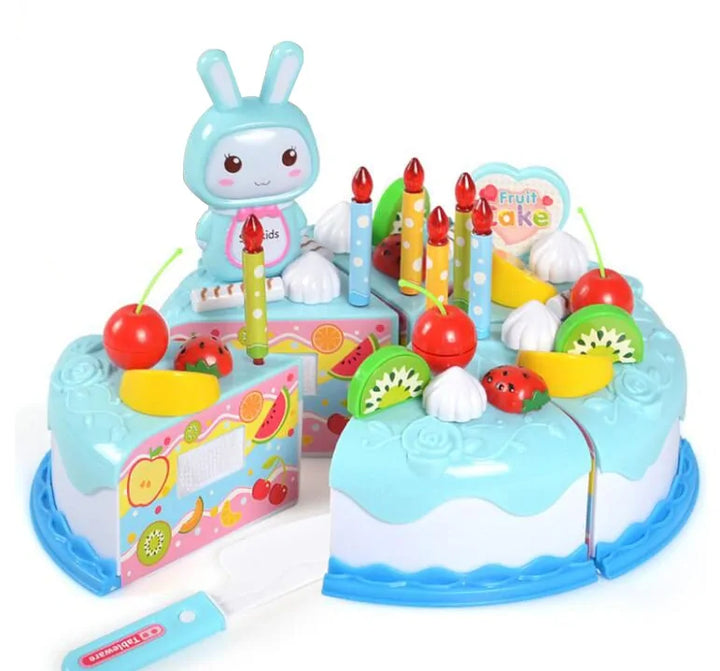 Kids' interactive toy cake set with candles & slices for creative pretend play.