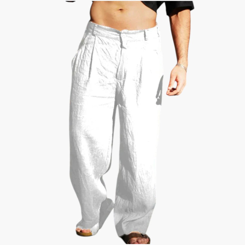 Relaxed fit men's linen wide-leg pleated pants. Perfect casual spring & summer fashion for everyday wear.