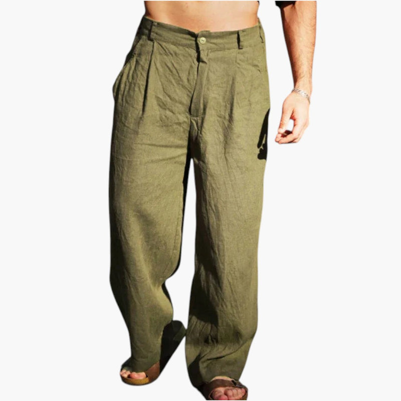 Chic men's loose fit pleated linen pants, comfortable wide-leg design with a drawstring waist for casual style.