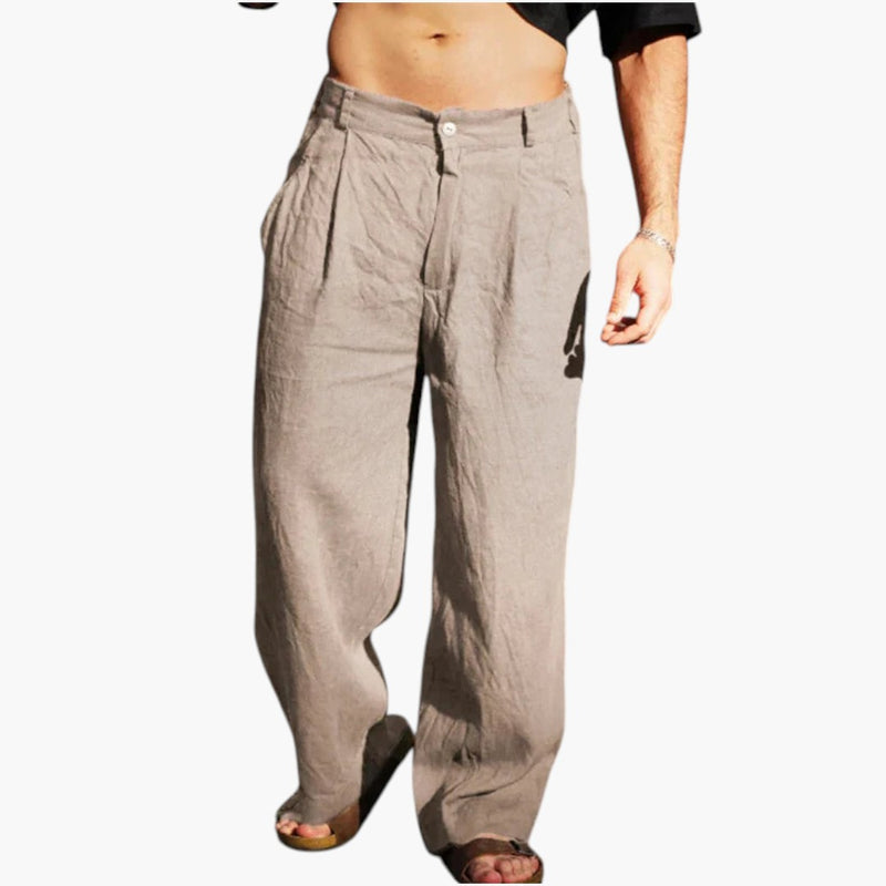Men's comfortable linen wide-leg pleated pants. Relaxed fit, drawstring waist for chic spring & summer fashion.